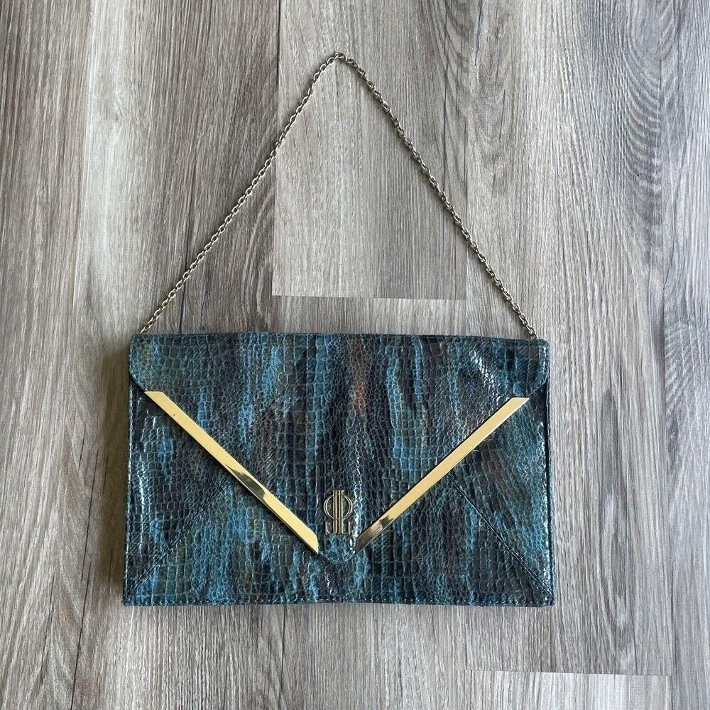 Y2K JLo Handbag Shoulder Clutch Rochelle Green Faux Snakeskin Purse Gold Metal‎